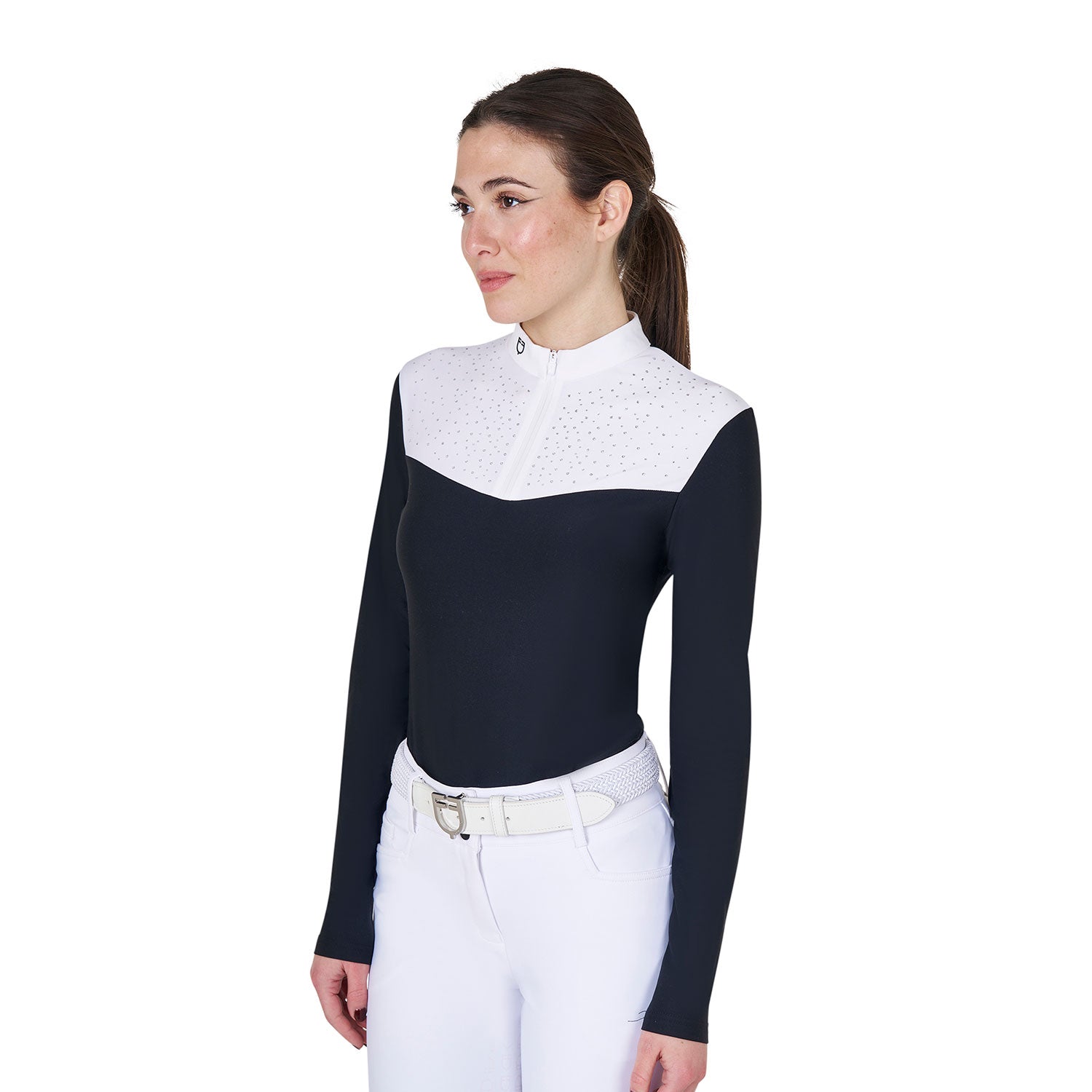 Women's long-sleeved competition polo shirt with rhinestones BLACK / XL