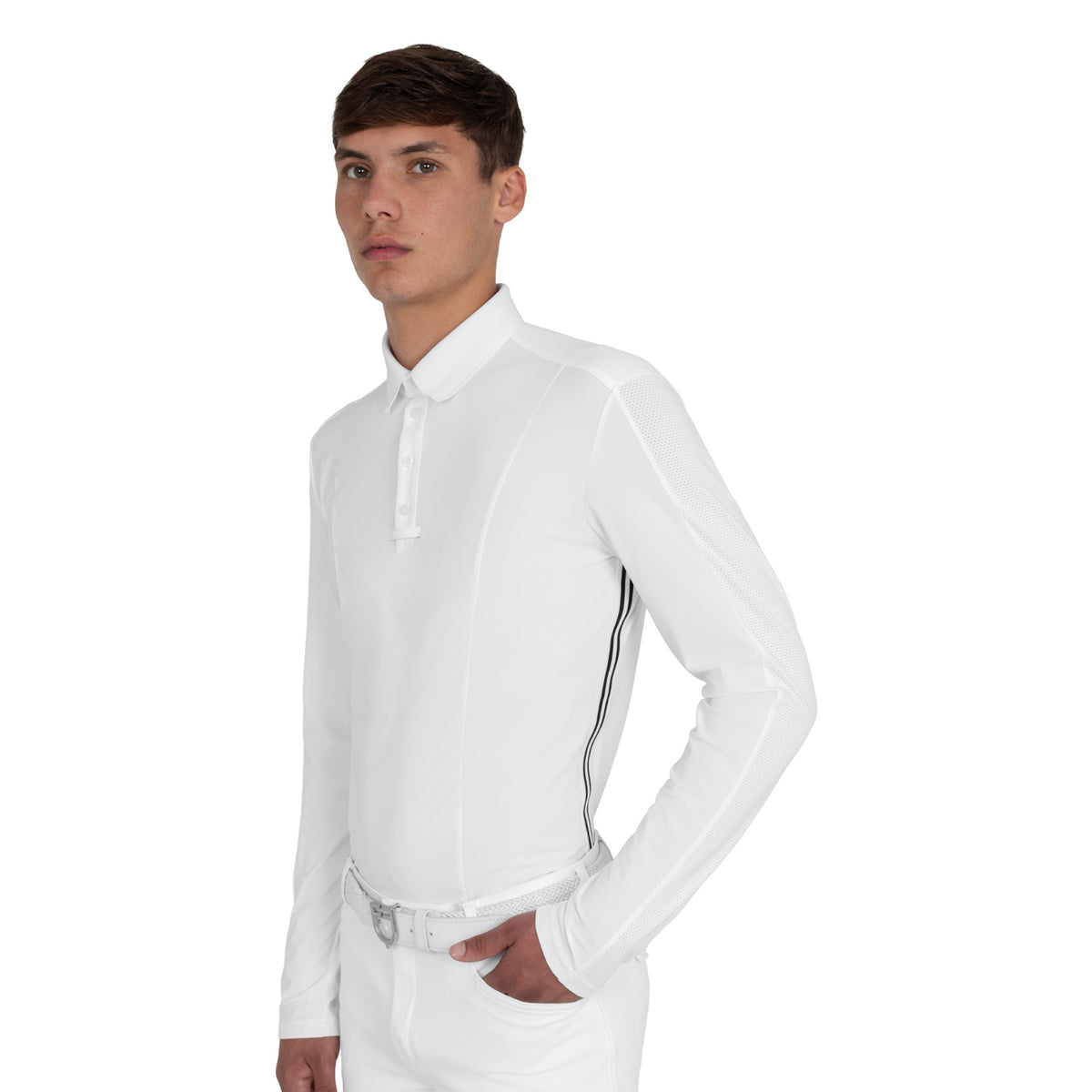 Men's competition polo shirt with mesh and ribbed inserts