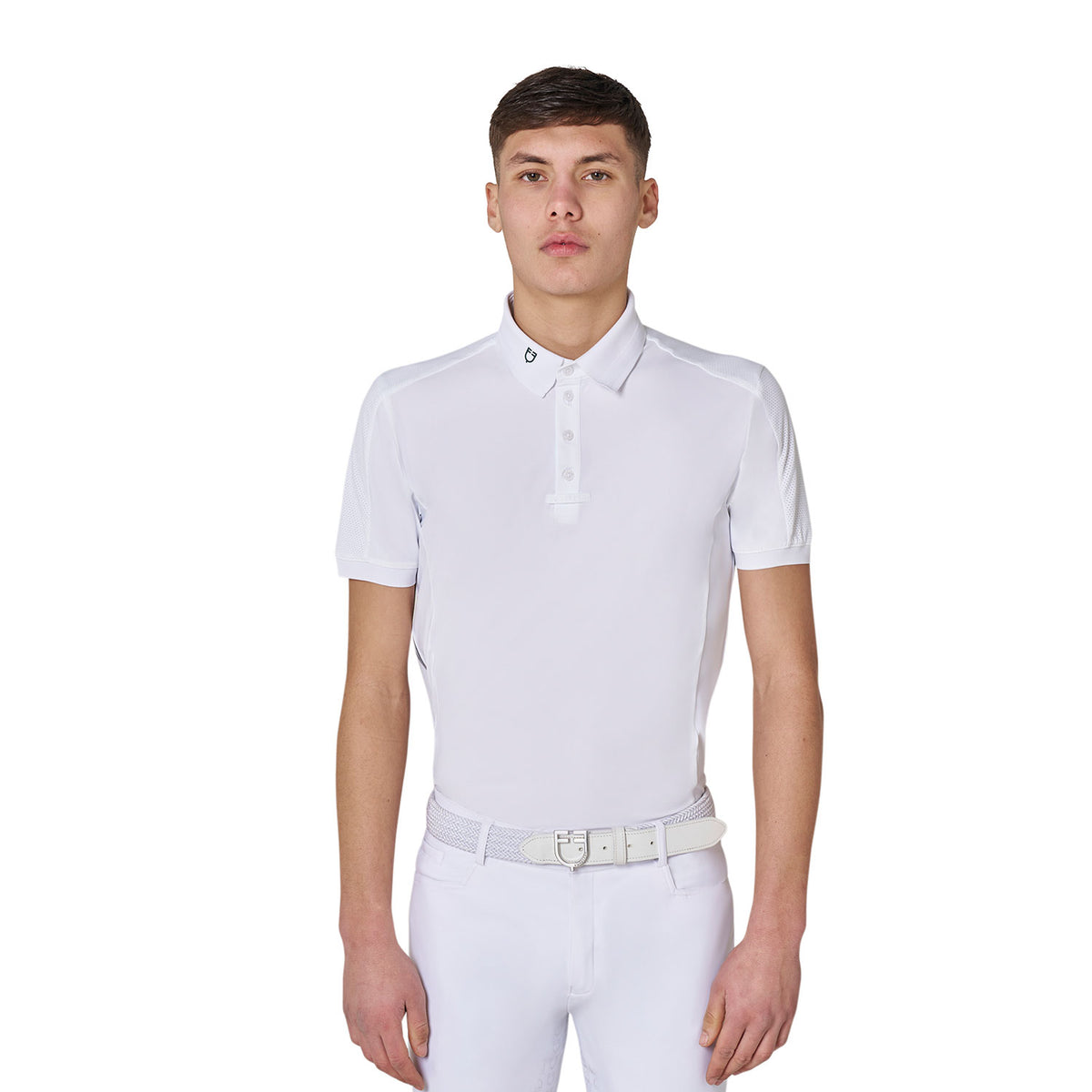 Men's competition polo shirt with mesh and ribbed inserts