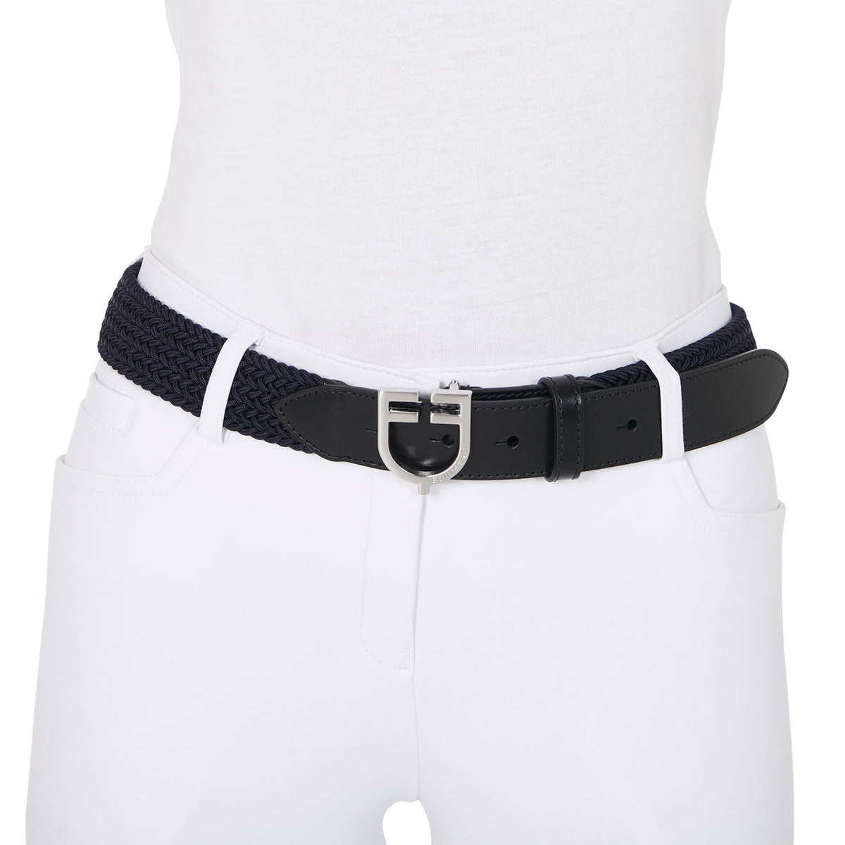 Leather elastic belt with logoed buckle