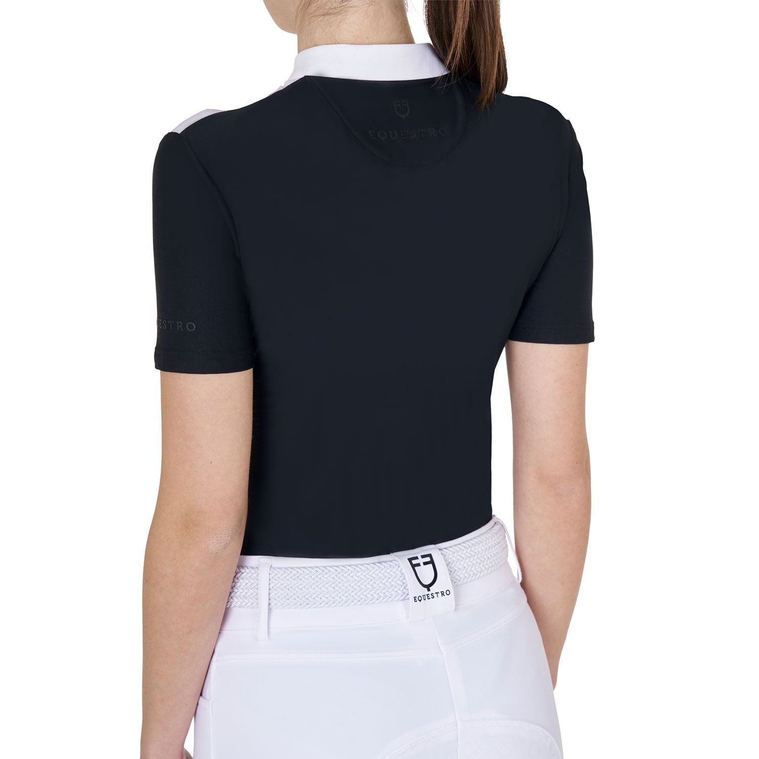 Women's short-sleeved competition polo shirt with front rhinestones BLACK / XL