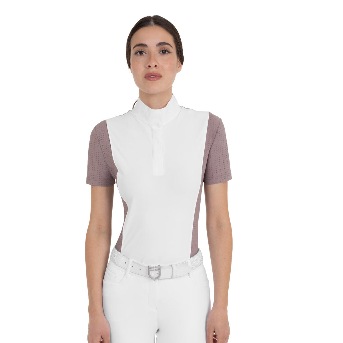 Women's short-sleeved competition polo shirt with mesh inserts