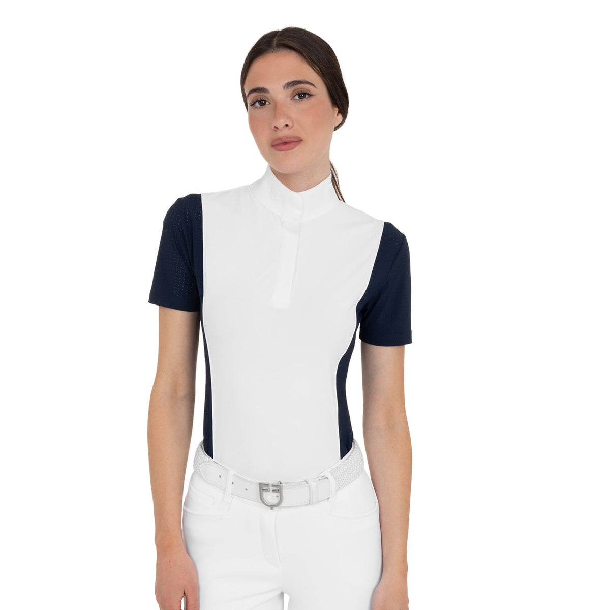 Women's short-sleeved competition polo shirt with mesh inserts