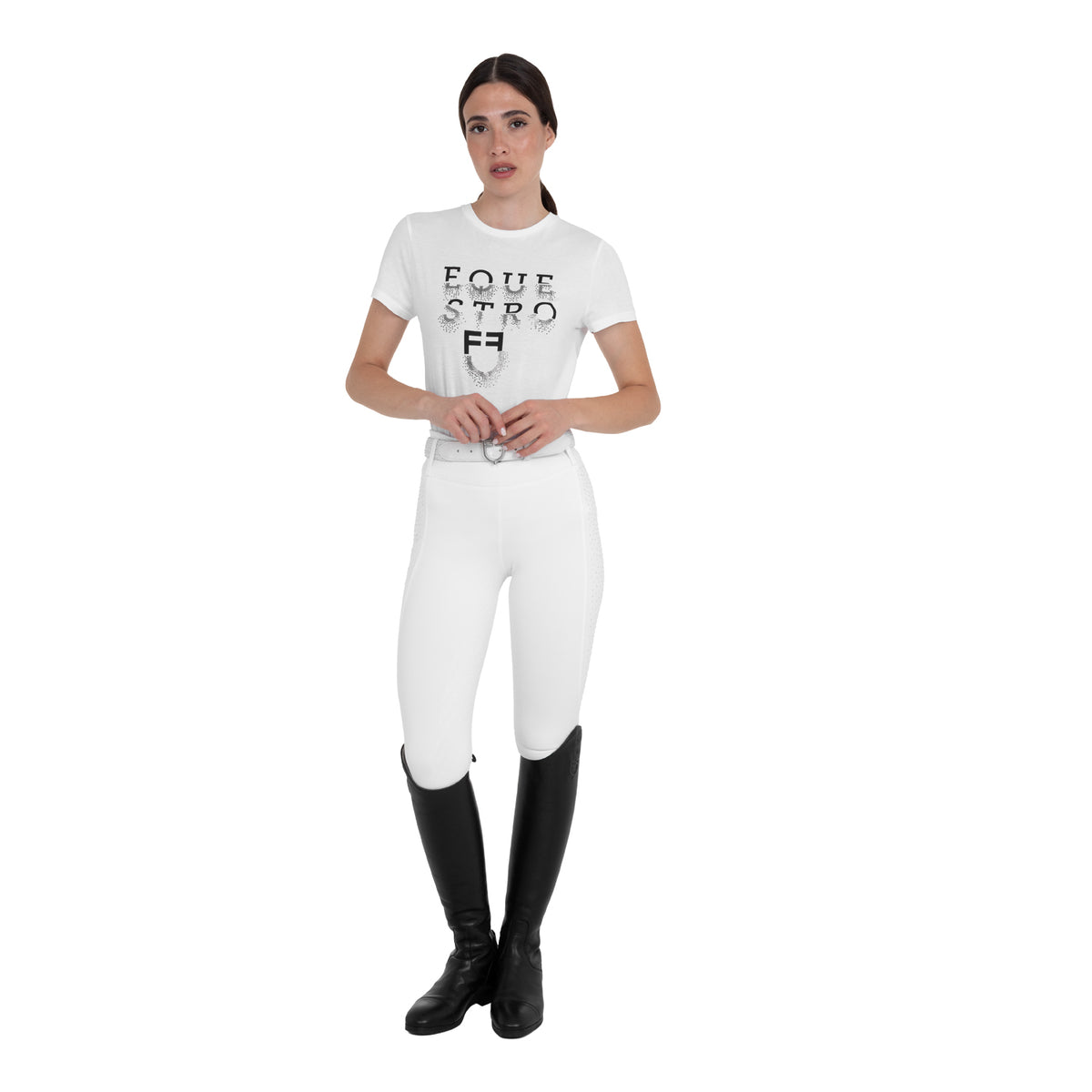 Women's high-waisted leggings with belt loops and rhinestones
