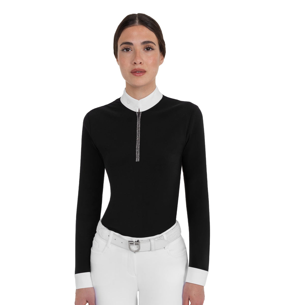 Women's long-sleeved competition polo shirt with rhinestones