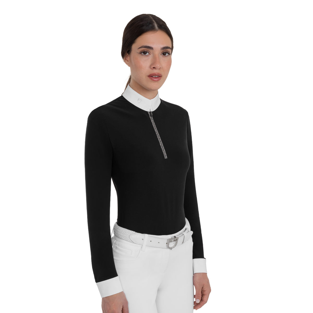Women's long-sleeved competition polo shirt with rhinestones