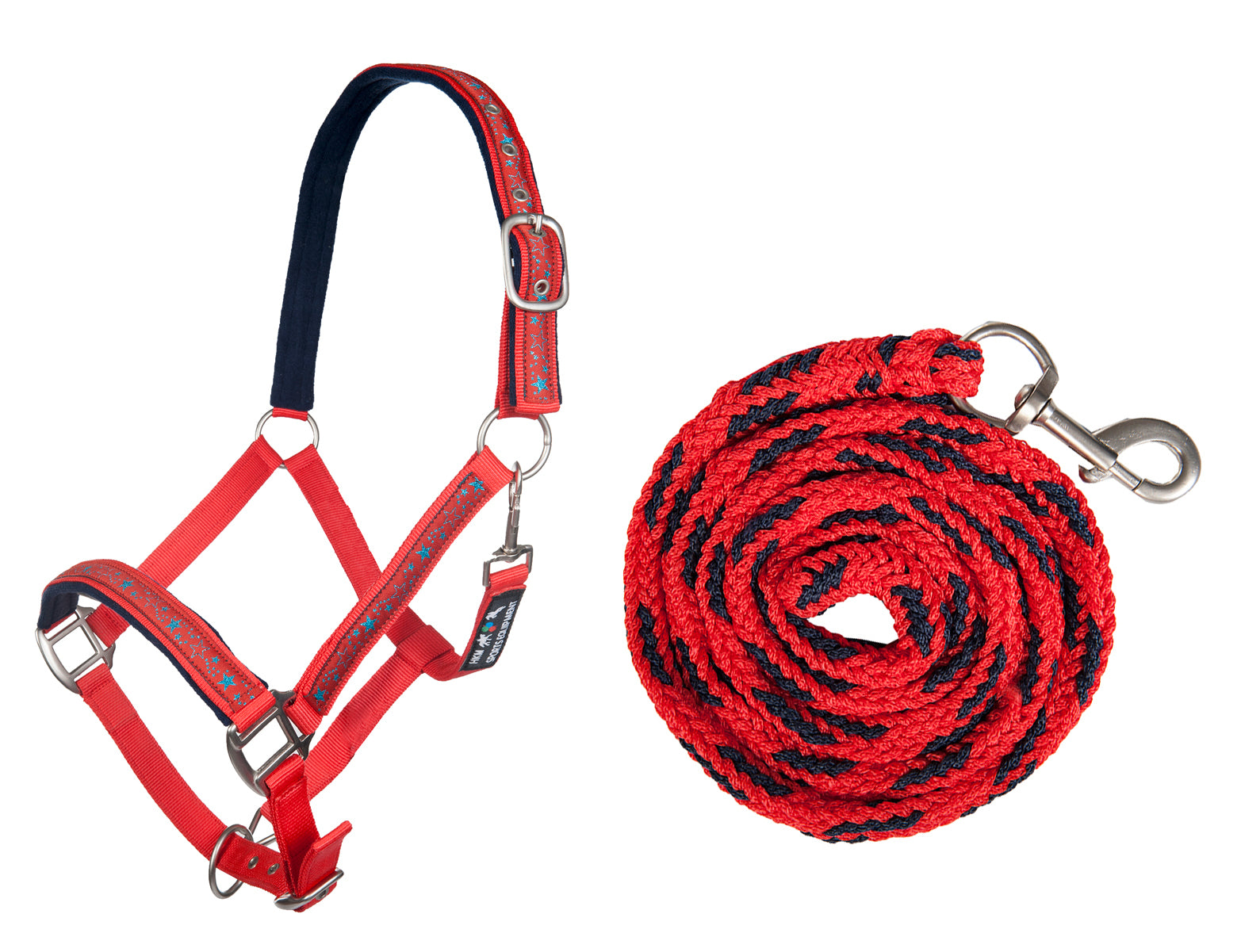 Head collar & lead rope (180cm), snap hook Stars 3069 red/dark blue / Pony