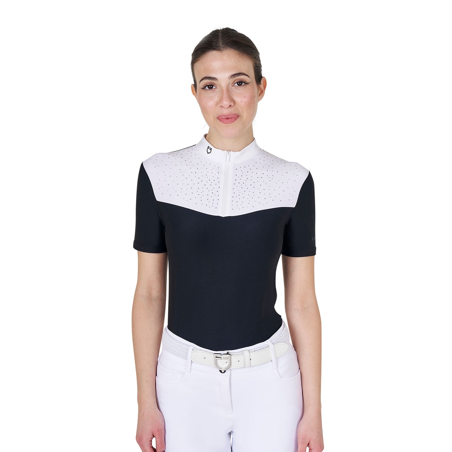 Women's short-sleeved competition polo shirt with front rhinestones