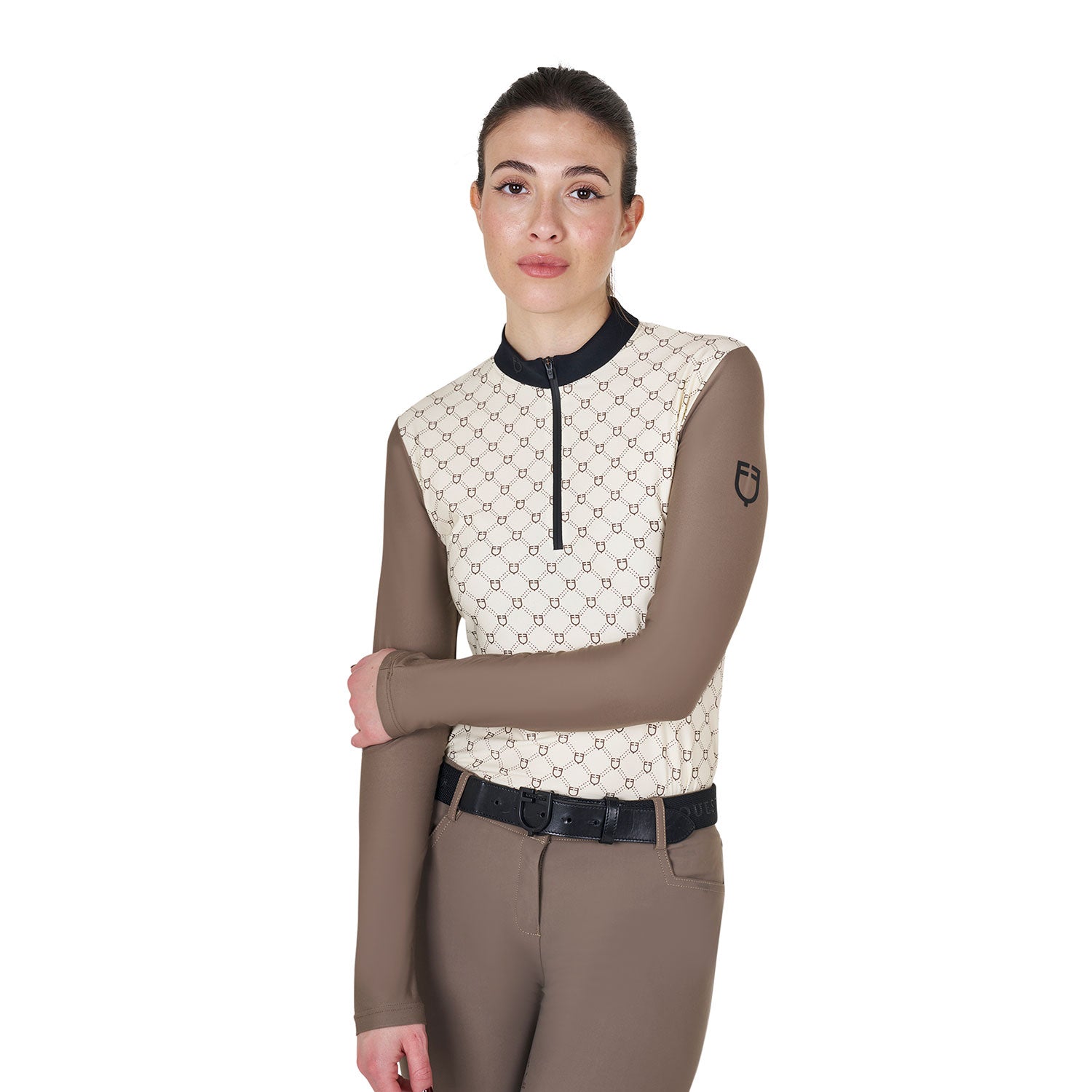 Women's long-sleeved training polo shirt with monogram print ANTIQUE WHITE (11-0105) / WALNUT
(18-1112) / XS