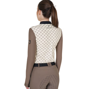 Women's long-sleeved training polo shirt with monogram print ANTIQUE WHITE (11-0105) / WALNUT
(18-1112) / XS