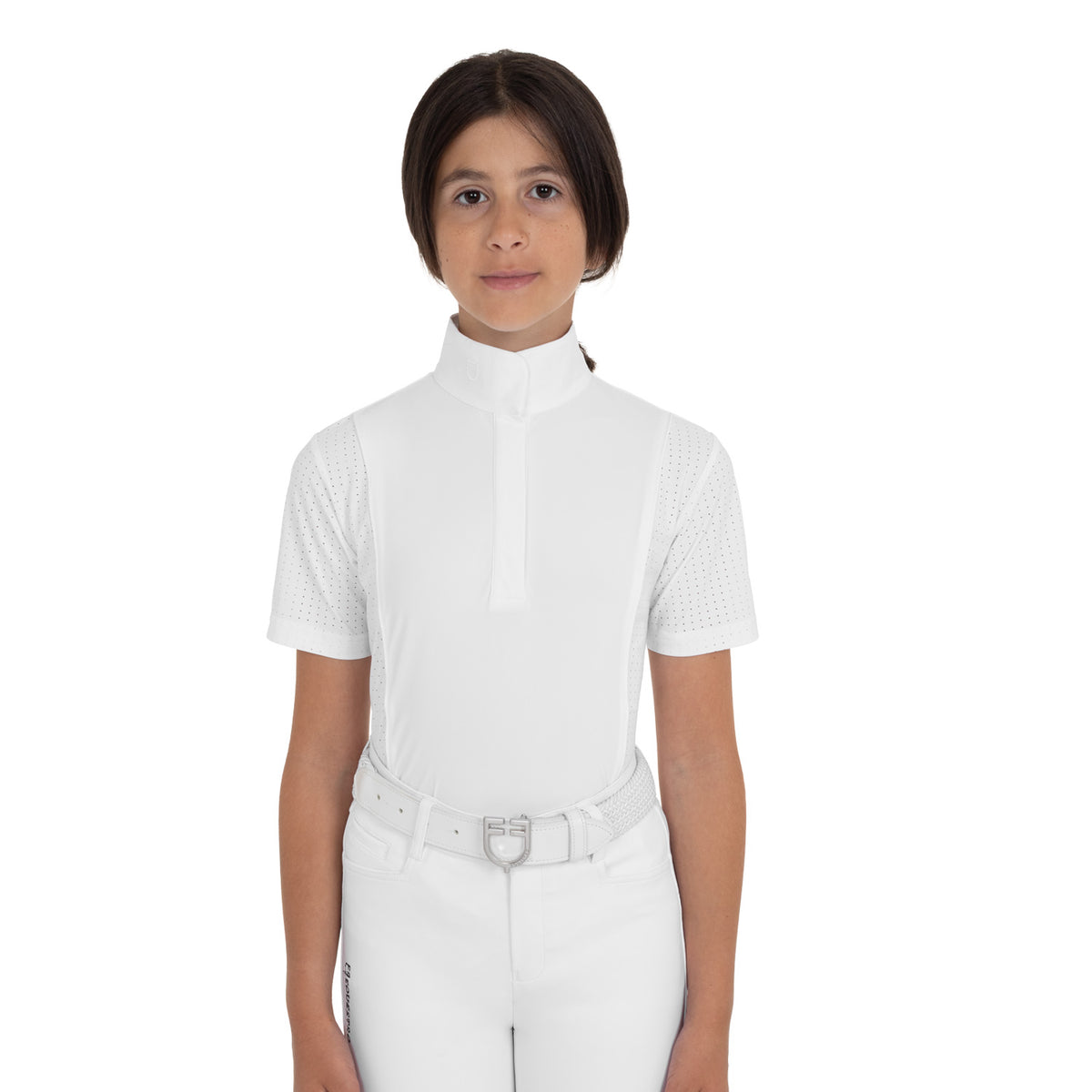 Girls' short-sleeved competition polo shirt with mesh inserts