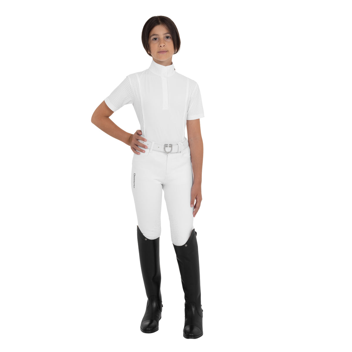 Girls' short-sleeved competition polo shirt with mesh inserts