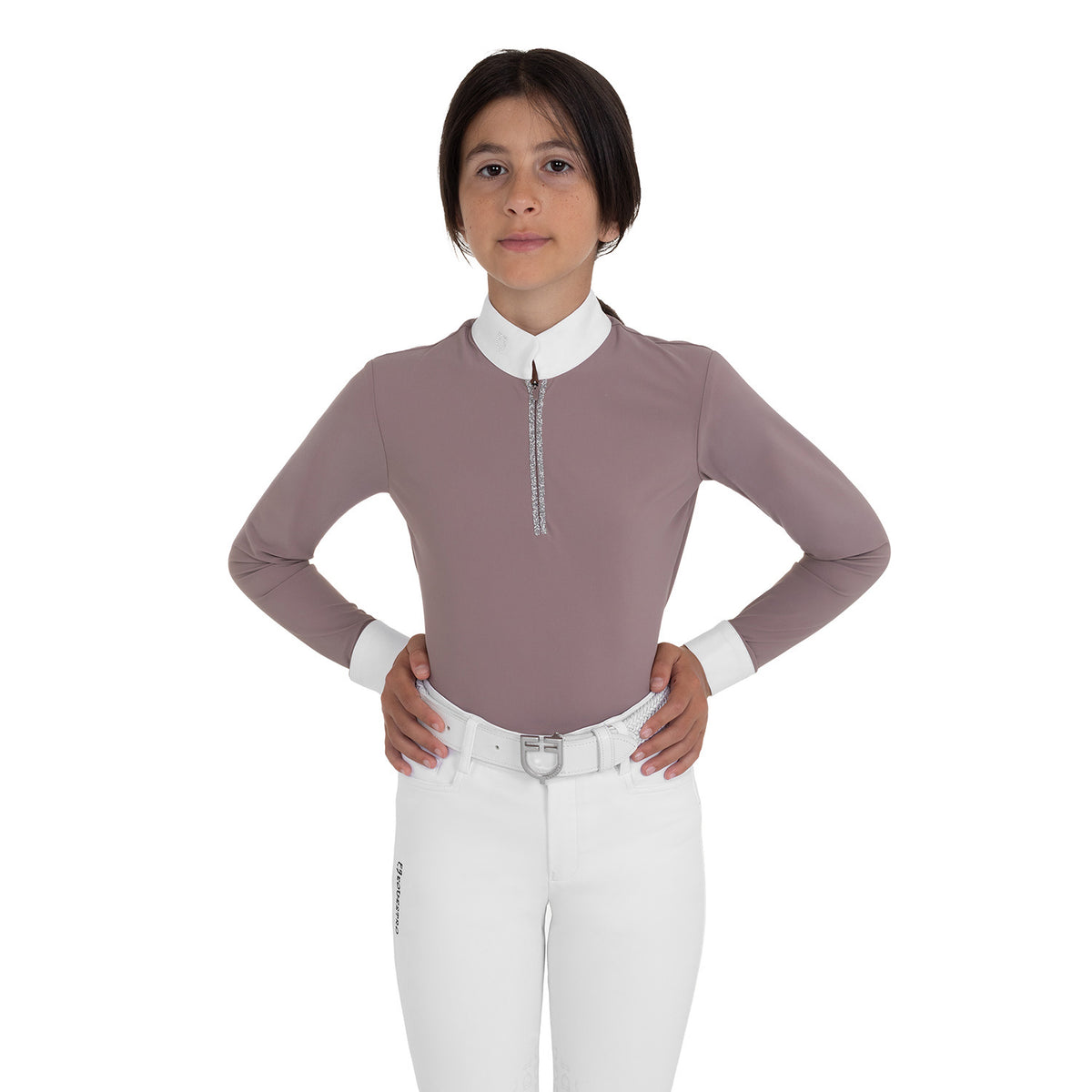 Girls' long-sleeved competition polo shirt with rhinestones