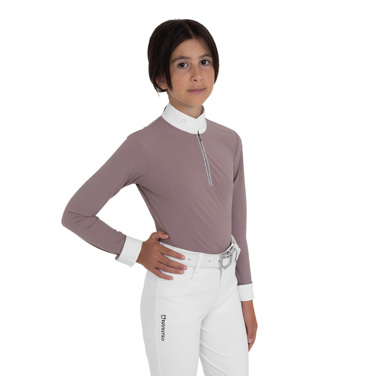 Girls' long-sleeved competition polo shirt with rhinestones