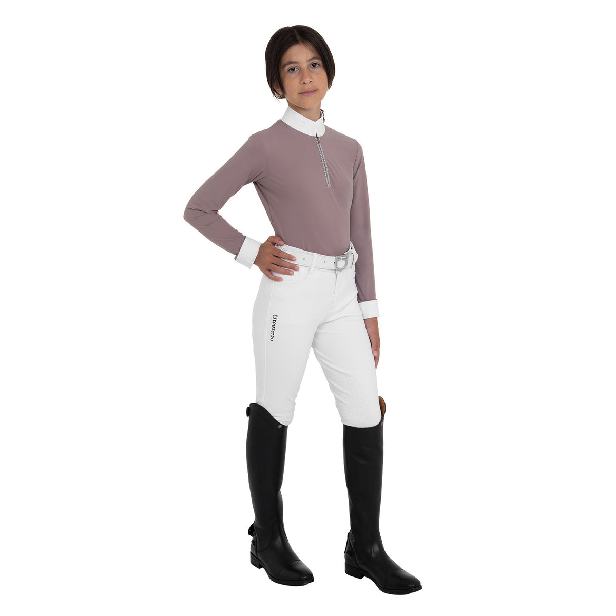 Girls' long-sleeved competition polo shirt with rhinestones