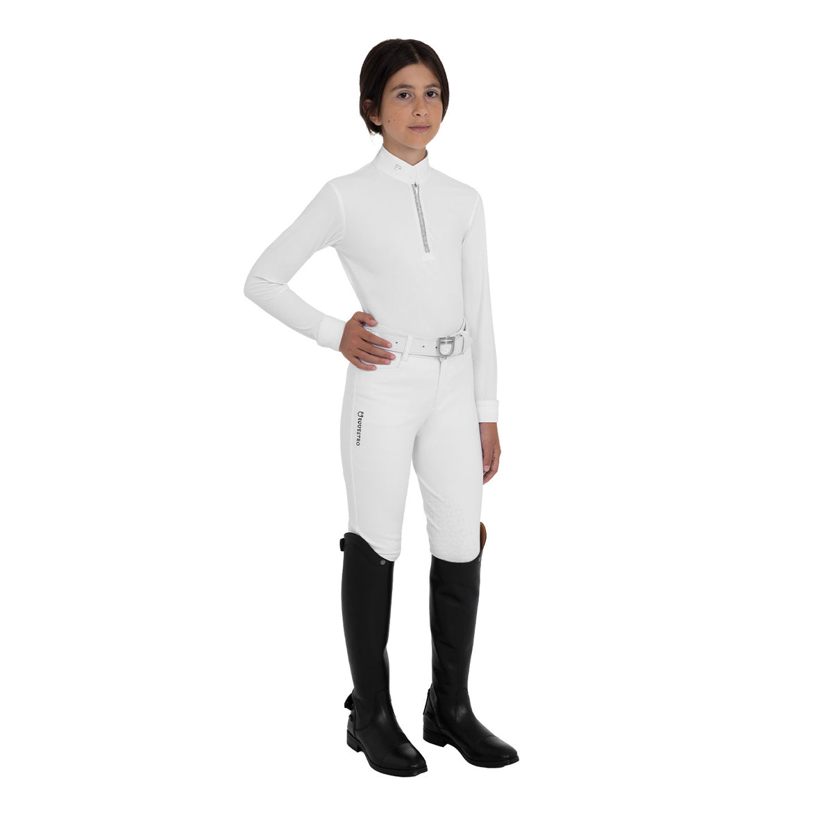 Girls' long-sleeved competition polo shirt with rhinestones