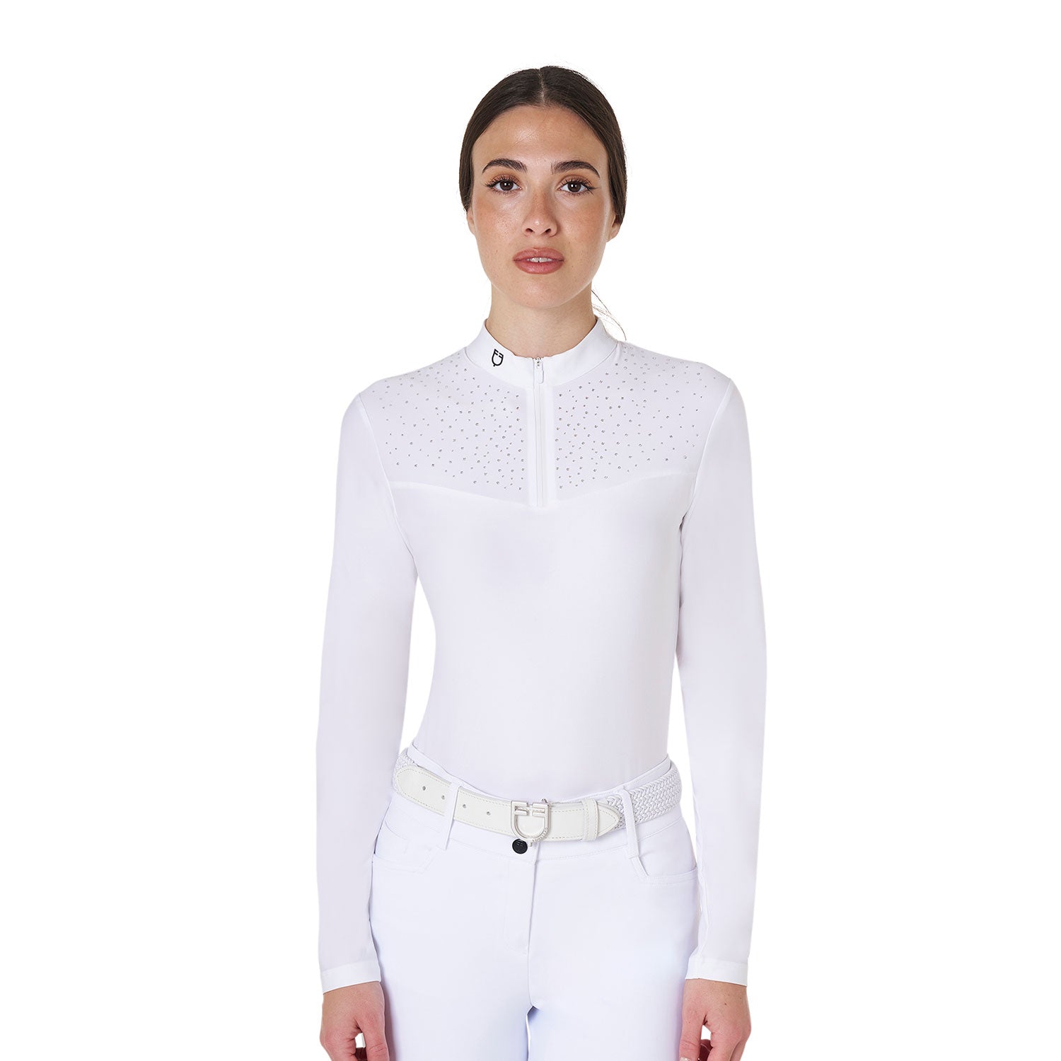 Women's long-sleeved competition polo shirt with rhinestones WHITE / XL