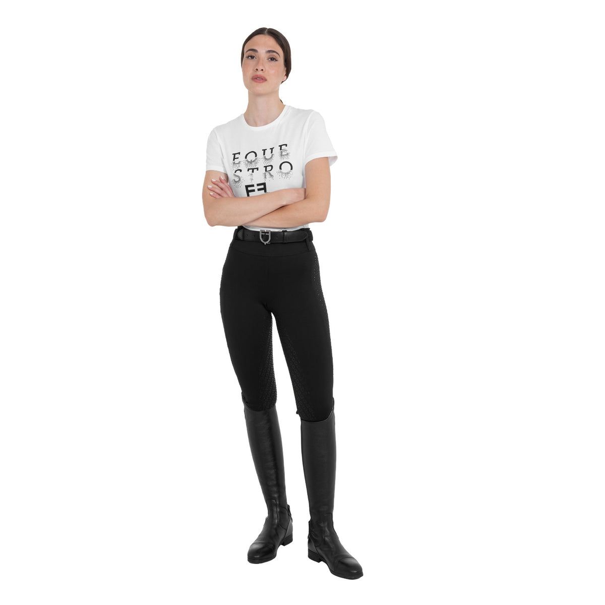 Women's high-waisted leggings with belt loops and rhinestones