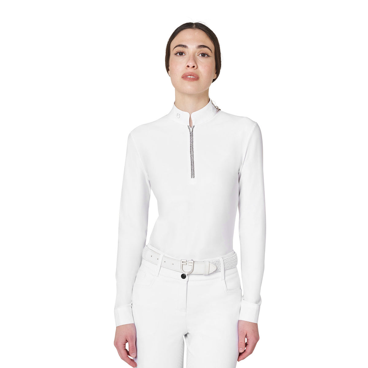 Women's long-sleeved competition polo shirt with rhinestones