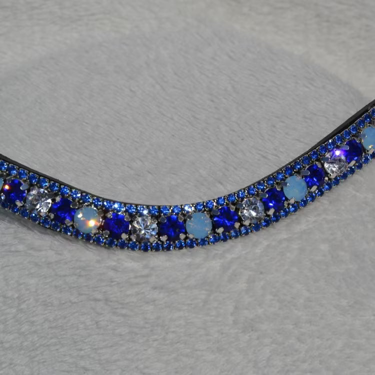 Mörkblått pannband med svart läder